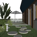 Roof Garden Design Featuring Green Lawn Circular Stepping Stones Outdoor Plants Umbrella And Warm Lighting