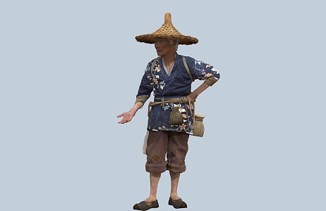 chinese man minority figure hat fish basket male coir raincoat old man fisherman farmer 3d model