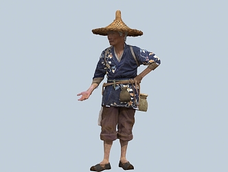 chinese man minority figure hat fish basket male coir raincoat old man fisherman farmer 3d model