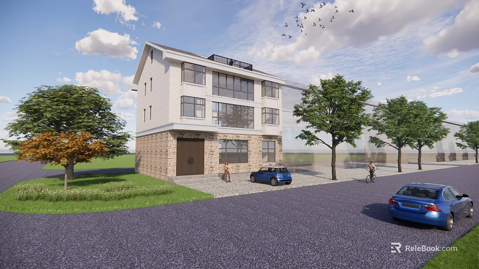 Multi Story Residential Building With White And Brick Exterior Trees Parked Cars And Cloudy Sky 3d model 