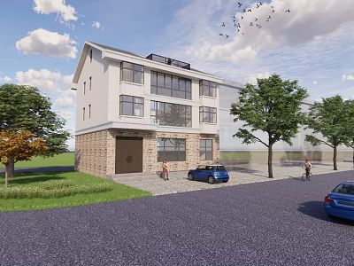 Multi Story Residential Building With White And Brick Exterior Trees Parked Cars And Cloudy Sky 3d model