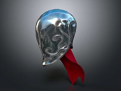 Detailed Silver Decorative Helmet Featuring Ornate Patterns And Red Ribbon 3d model