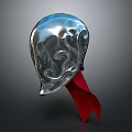 Detailed Silver Decorative Helmet Featuring Ornate Patterns And Red Ribbon