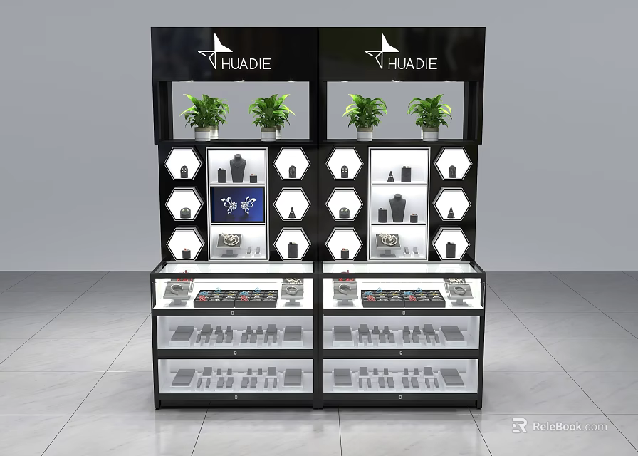 Glass Display Shelves With Multiple Layers Black Frame And Lighting For Jewelry 3d model 