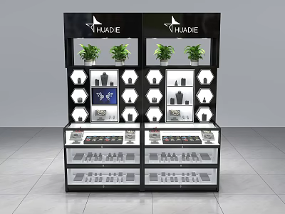 Glass Display Shelves With Multiple Layers Black Frame And Lighting For Jewelry 3d model