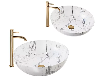 Elegant White Marble Washbasin With Gold Faucet And Natural Vein Patterns 3d model