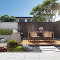Modern Courtyard Garden with Wooden Pergola Water Feature Outdoor Seating and Lush Green Plants