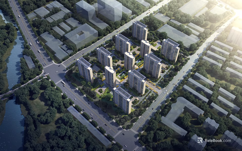 Aerial View Planning of Modern Residential Community Featuring High Rise Buildings Green Areas and Road Network 3d model 