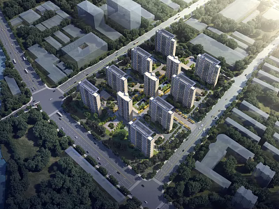 Aerial View Planning of Modern Residential Community Featuring High Rise Buildings Green Areas and Road Network 3d model