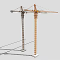 Yellow And Brown Tower Cranes With Extended Booms Operating Cabs And Steel Structures