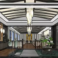 Traditional Chinese Restaurant Interior With Wooden Ceiling Hanging Lanterns Decorative Vases And Lotus Plants