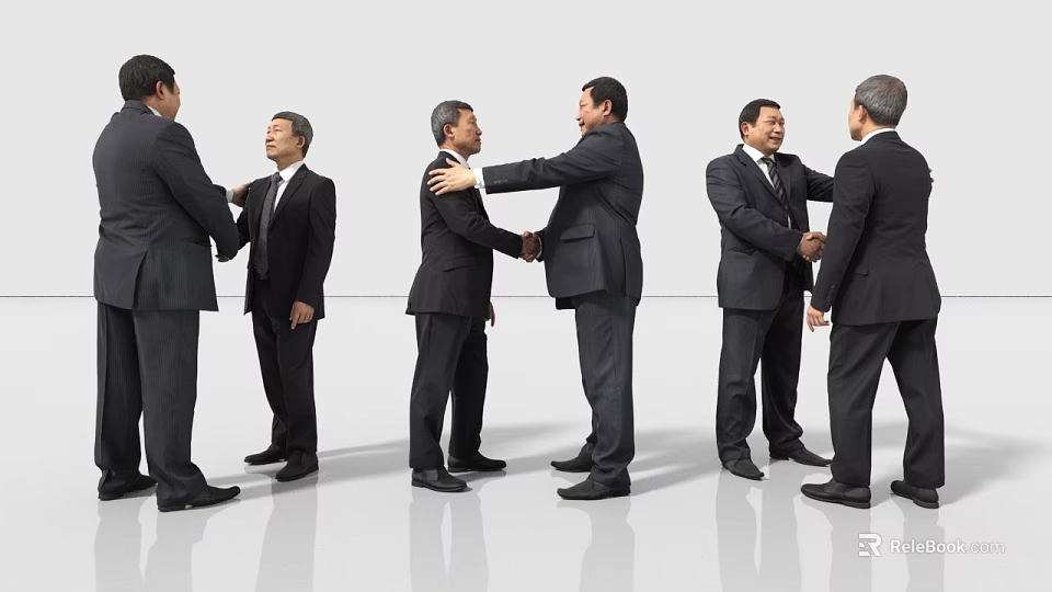 Two Men Shaking Hands in Formal Business Suits Three Different Poses Greeting Scene 3d model 