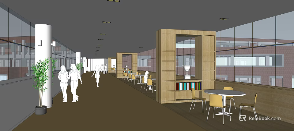 Spacious Elevator Hallway With Modern Wooden Partitions Seating Area And Natural Light 3d model 