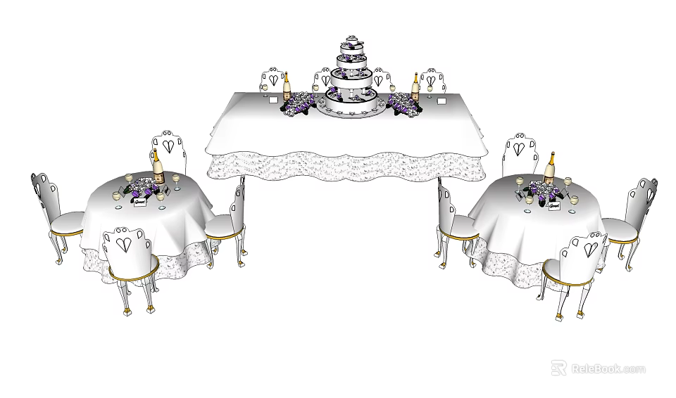 Elegant Dining Table Set With Main Table Side Tables Cake And Ornate Chairs 3d model