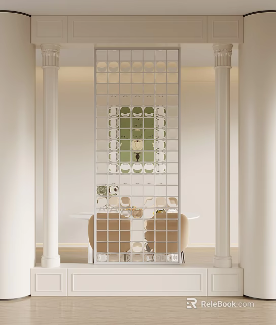 Modern Interior With Metal Screen Partition White Columns Green Wall And Circular Decor 3d model