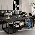 Modern Black Coffee Table With Metal Frame Tea Set Tray Teapot And Tea Cups