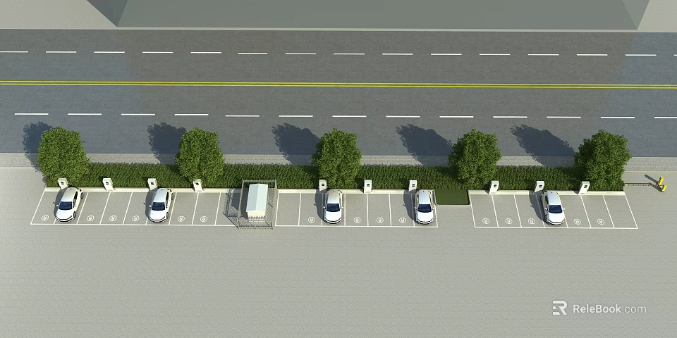Roadside Parking Lot With Parked Cars Green Trees And Multiple Marked Spaces 3d model 