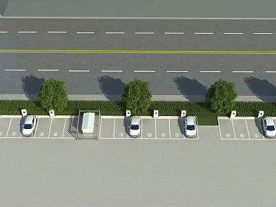 Roadside Parking Lot With Parked Cars Green Trees And Multiple Marked Spaces 3d model