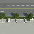 Roadside Parking Lot With Parked Cars Green Trees And Multiple Marked Spaces