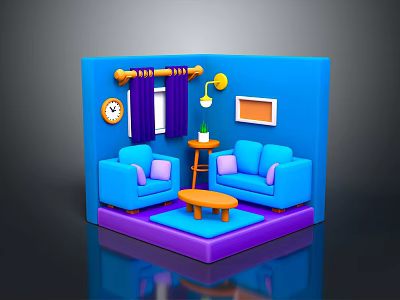Living Room Interior With Blue Walls Blue Sofas Purple Rug Orange Coffee Table Clock Curtains 3d model