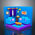 Living Room Interior With Blue Walls Blue Sofas Purple Rug Orange Coffee Table Clock Curtains