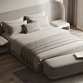 Modern Double Bed With Upholstered Headboard Nightstand And Bench In Neutral Tones