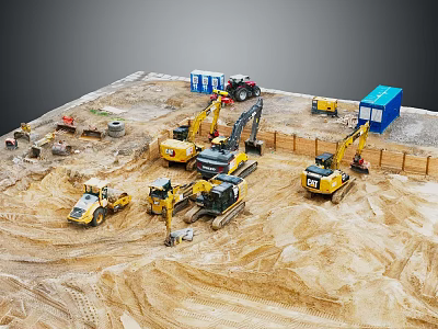 Construction Site With Various Heavy Machinery Excavators Loaders And Blue Containers 3d model