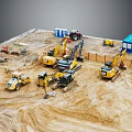 Construction Site With Various Heavy Machinery Excavators Loaders And Blue Containers