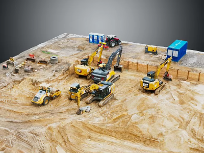 Construction Site With Various Heavy Machinery Excavators Loaders And Blue Containers 3d model