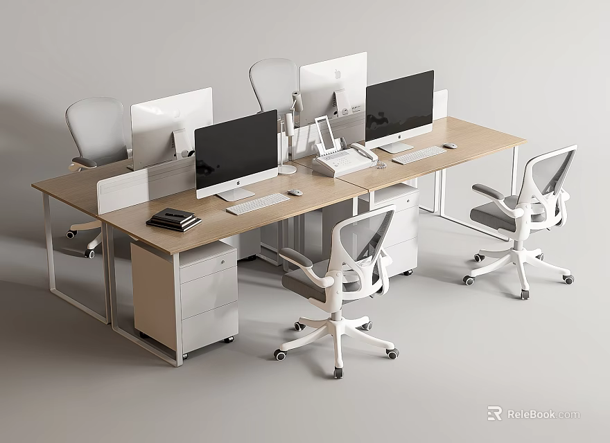 Modern Office Desk With Multiple Computer Monitors White Office Chairs And Drawer Cabinets 3d model 