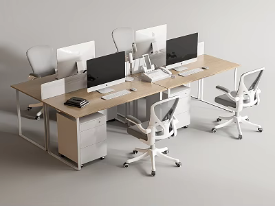Modern Office Desk With Multiple Computer Monitors White Office Chairs And Drawer Cabinets 3d model