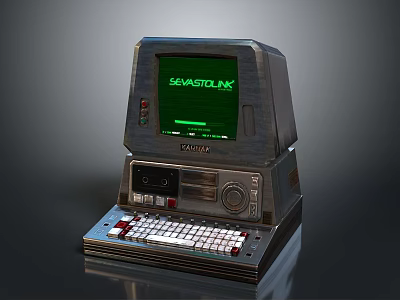 Vintage Computer Screen Displaying SEASTALKER Text With Mechanical Keyboard Control Buttons And Metallic Retro Casing 3d model