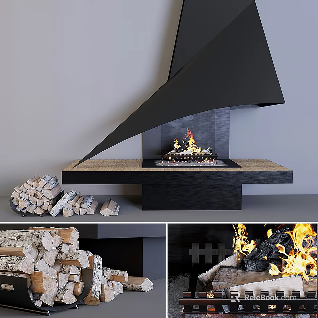 Modern Black Fireplace With Burning Fire Wood Logs And Stone Slab In Interior 3d model 