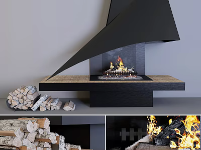 Modern Black Fireplace With Burning Fire Wood Logs And Stone Slab In Interior 3d model