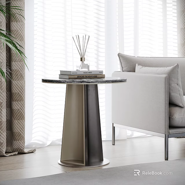 Modern Side Table with Stacked Books Reed Diffuser Next to Light Sofa and Curtains 3d model 
