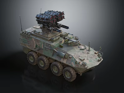 Tactical Armored Military Vehicle With Missile Launcher Camouflage Paint And Multi Wheel Drive System 3d model