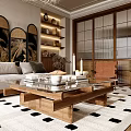 Modern Living Room Interior With Sofa Coffee Table Arched Decorative Panels Woven Chandelier And Plants