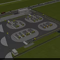 Large Scale Parking Lot With Circular Bays Multiple Vehicles Green Lawns And Fencing