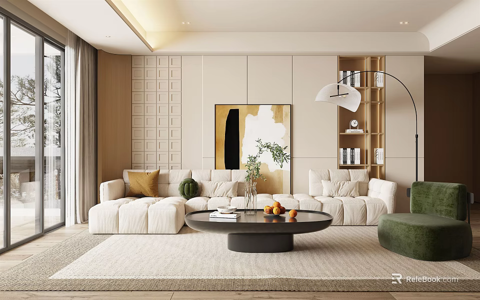 Modern Living Room Interior With Beige Walls Abstract Painting White Sofa And Green Armchair 3d model 