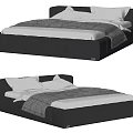 Modern Black Leather Double Bed With White Sheets And Gray Decorative Pillows 3d model