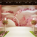 Elegant Banquet Hall Interior with Red Carpet Flower Arrangements and Decorative Backdrop