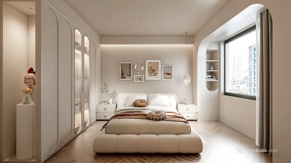 Modern Bedroom Interior With Plush Bed Built in Wardrobe And Framed Paintings 3d model 