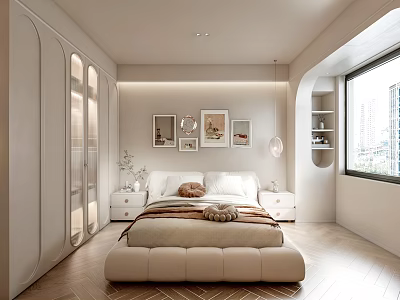 Modern Bedroom Interior With Plush Bed Built in Wardrobe And Framed Paintings 3d model