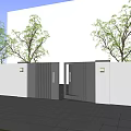 Modern Black Entrance Gate With White Walls Wall Lamps Trees And Stone Pavement