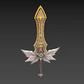 Ornate Golden Sword With Blue Gem White Feathers And Brown Hilt Design