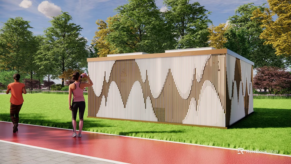 Wavy Pattern Fence With White And Brown Design Near Green Grass Trees And Red Track 3d model 