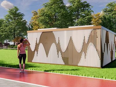 Wavy Pattern Fence With White And Brown Design Near Green Grass Trees And Red Track 3d model