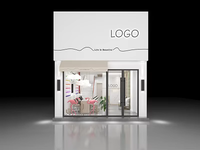 Elegant Modern Beauty Hair Salon Exterior With Glass Door Pink Chairs And Green Plants 3d model