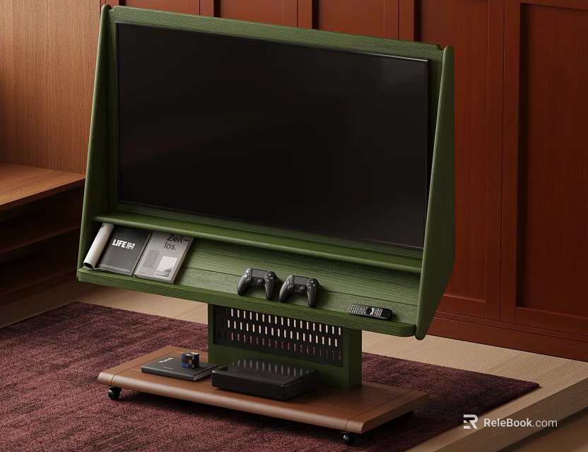 Green TV on Wooden Stand with Game Controllers Keyboard Electronics Wooden Wall Carpet 3d model 