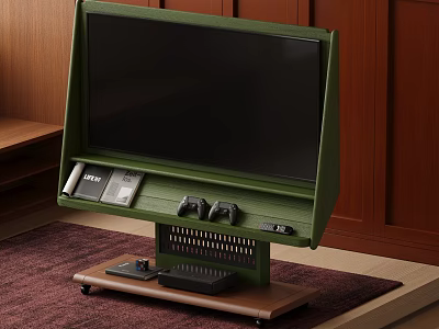 Green TV on Wooden Stand with Game Controllers Keyboard Electronics Wooden Wall Carpet 3d model